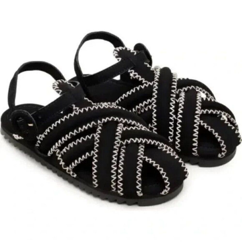 FARM Rio Zigzag Stitch Sandals‎ Womens 9 Black Leather Vegan Bohemian